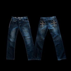 Vintage 2000s blue denim baggy jeans with a wide leg fit